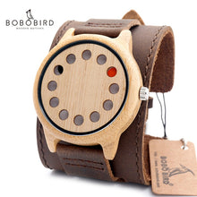Cargar imagen en el visor de la galería, BOBO BIRD Eco-friendly Wooden Wristwatch Mens Top Luxury Brand Unique Holes Design Leather Quartz Watch with Leather Strap