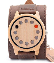 Cargar imagen en el visor de la galería, BOBO BIRD Eco-friendly Wooden Wristwatch Mens Top Luxury Brand Unique Holes Design Leather Quartz Watch with Leather Strap