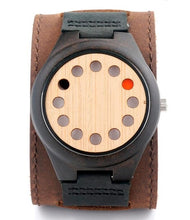 Cargar imagen en el visor de la galería, BOBO BIRD Eco-friendly Wooden Wristwatch Mens Top Luxury Brand Unique Holes Design Leather Quartz Watch with Leather Strap