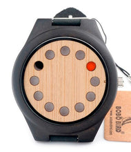 Cargar imagen en el visor de la galería, BOBO BIRD Eco-friendly Wooden Wristwatch Mens Top Luxury Brand Unique Holes Design Leather Quartz Watch with Leather Strap