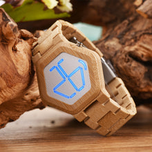 Cargar imagen en el visor de la galería, reloj hombre BOBO BIRD LED Wood Quartz Watches Engrave Back Cover Digital Night Vision Calendar Wristwatch Minimal Time Display
