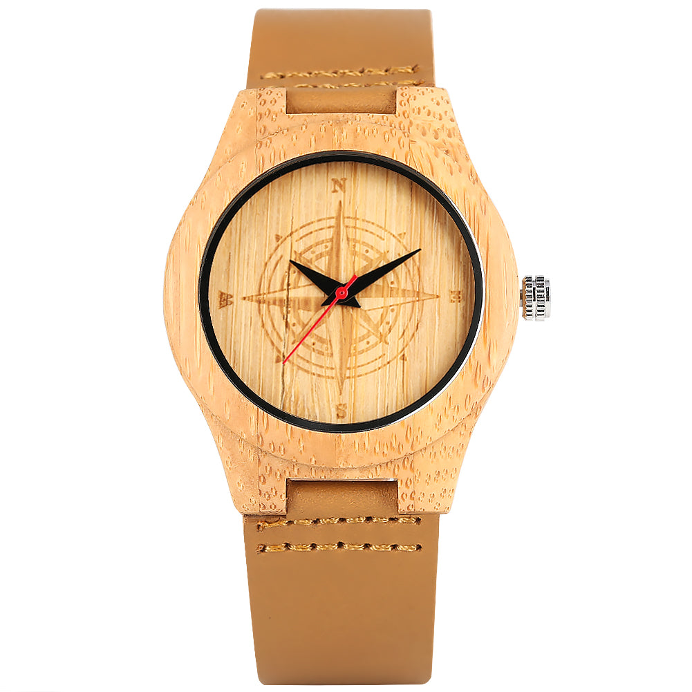 Women's Watch Delicate Brown Eco-friendly Natural Quartz Bamboo Watches Compass Design Pattern Bamboo Wristwatch