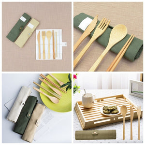 Portable Bamboo Travel Cutlery Set Kitchen Utensil Reusable Utensils With Pouch Portable Camping Utensils Spoon Fork Chopstick