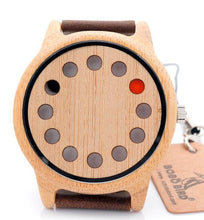 Cargar imagen en el visor de la galería, BOBO BIRD Eco-friendly Wooden Wristwatch Mens Top Luxury Brand Unique Holes Design Leather Quartz Watch with Leather Strap
