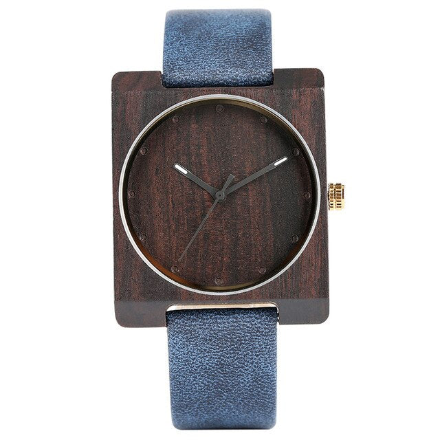 Creative Bule Men's Wood Watch Unique Square Dial Simple Design Quartz Watch Movement Eco-friendly Natural Wooden Watch